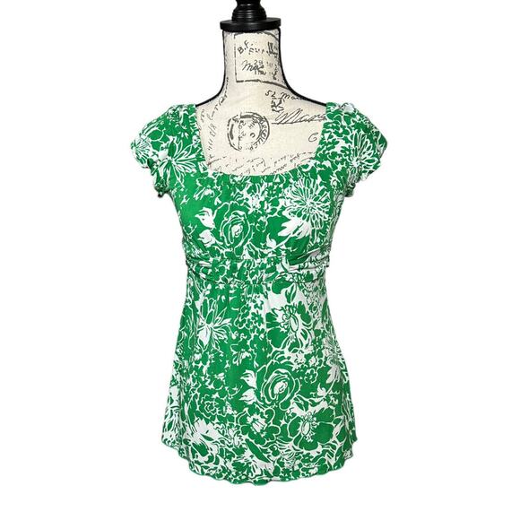 Vol 1 Women's Short Sleeve fitted Green White Tie Back Belt Top Stretch Small - Picture 1 of 10